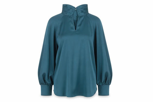 Gallery Women's Blue Satin High Neck Long Sleeve Tunic Blouse Size 10