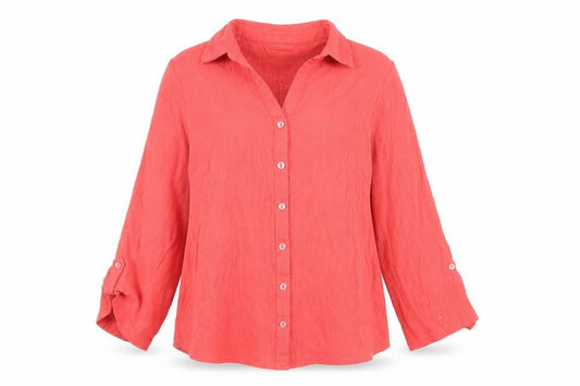 EWM Women Coral Button-Up Blouse Size 12 Long Sleeve Polyester Blend