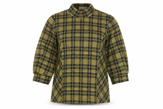 Stradivarius Women Yellow Check High Neck Long Sleeve Blouse Size 10
