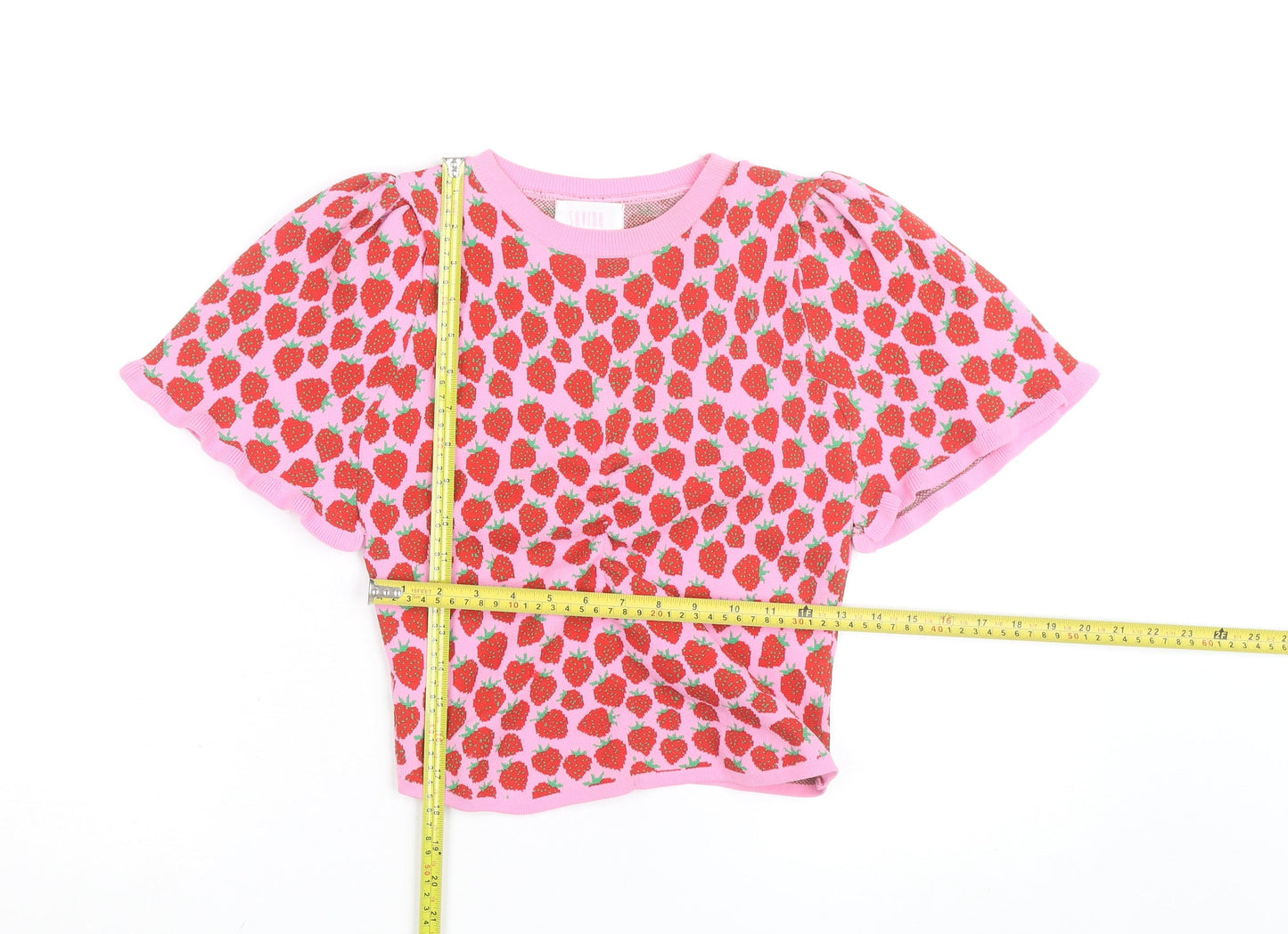 Savida Womens Pink Strawberry Print Cropped Knit T-Shirt Size S