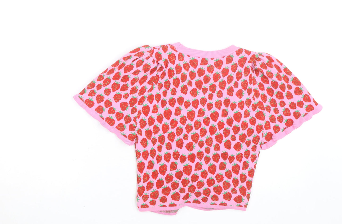 Savida Womens Pink Strawberry Print Cropped Knit T-Shirt Size S
