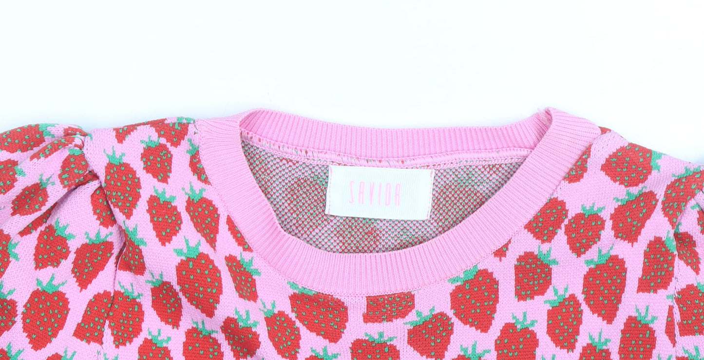 Savida Womens Pink Strawberry Print Cropped Knit T-Shirt Size S