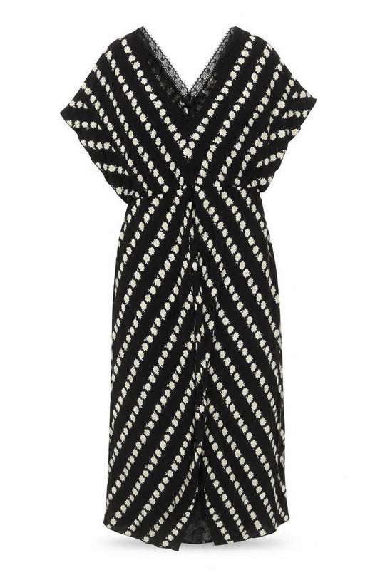 Maje Women's Black Daisy Floral Lace Trim Midi Wrap Dress Size 8