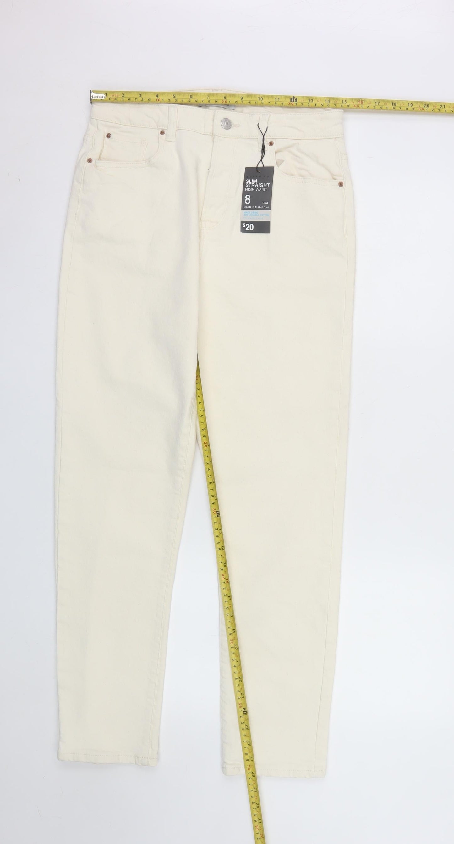 Primark Women Ivory Slim Straight High Waist Denim Jeans Size 12
