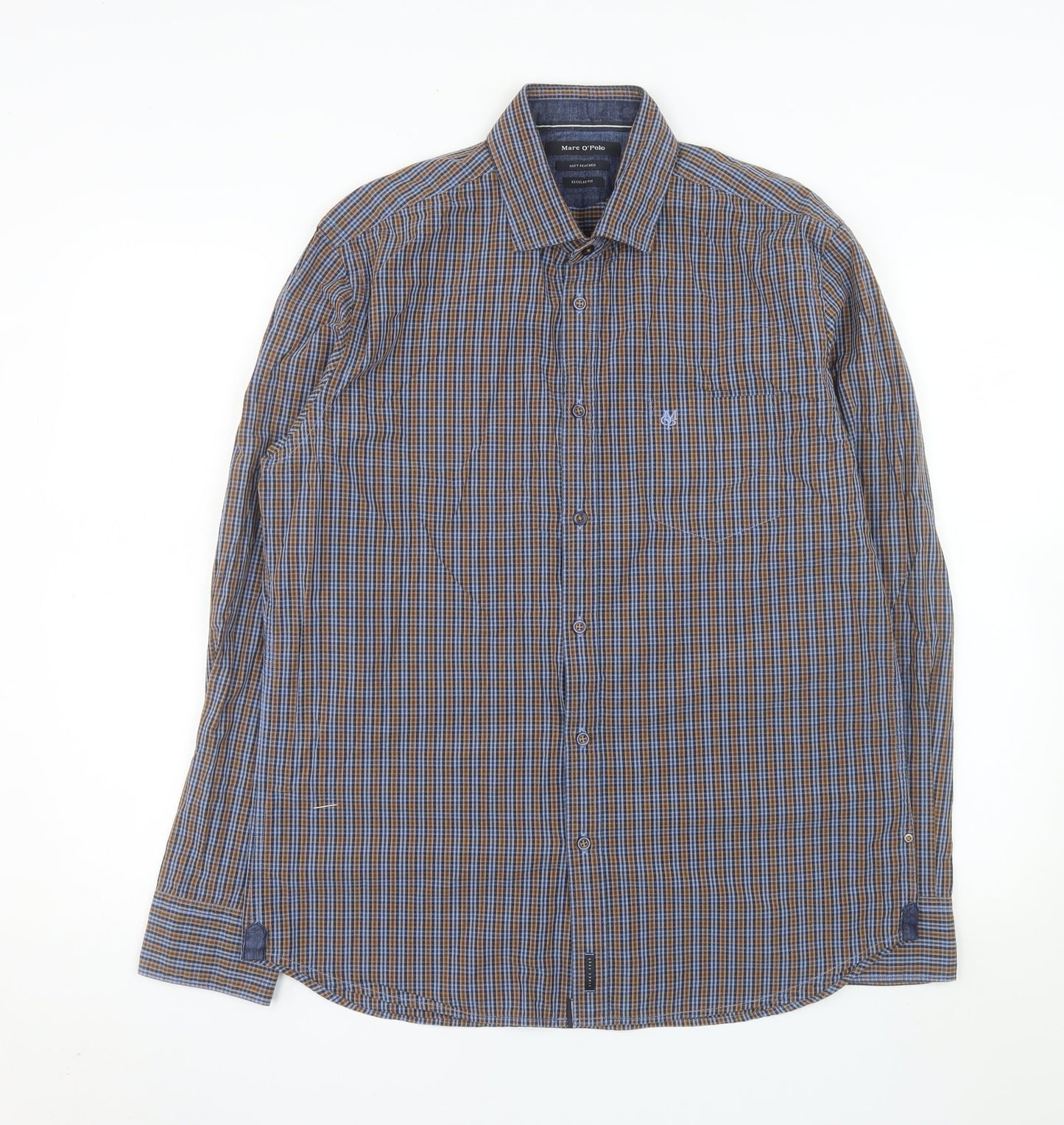 Marc O'Polo Men's Blue Check Cotton Regular Fit Long Sleeve Shirt L