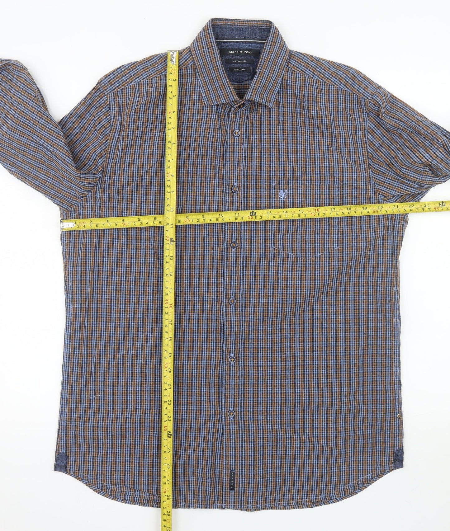 Marc O'Polo Men's Blue Check Cotton Regular Fit Long Sleeve Shirt L