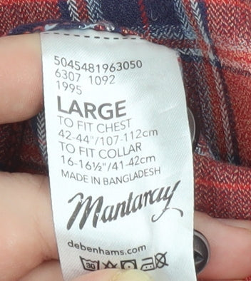 Mantaray Men's Red Check Flannel Button-Up Shirt Size L Long Sleeve