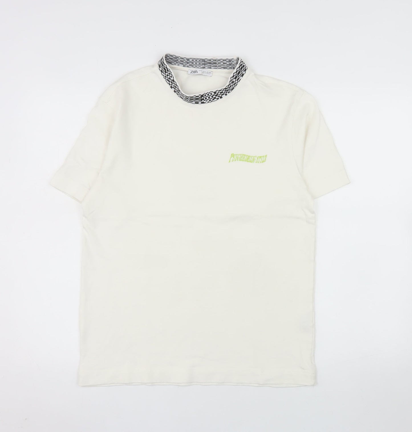 Zara Men's White Short Sleeve Crew Neck Cotton T-Shirt S Checker Collar