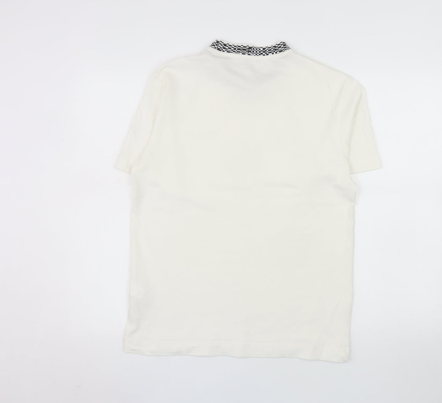 Zara Men's White Short Sleeve Crew Neck Cotton T-Shirt S Checker Collar