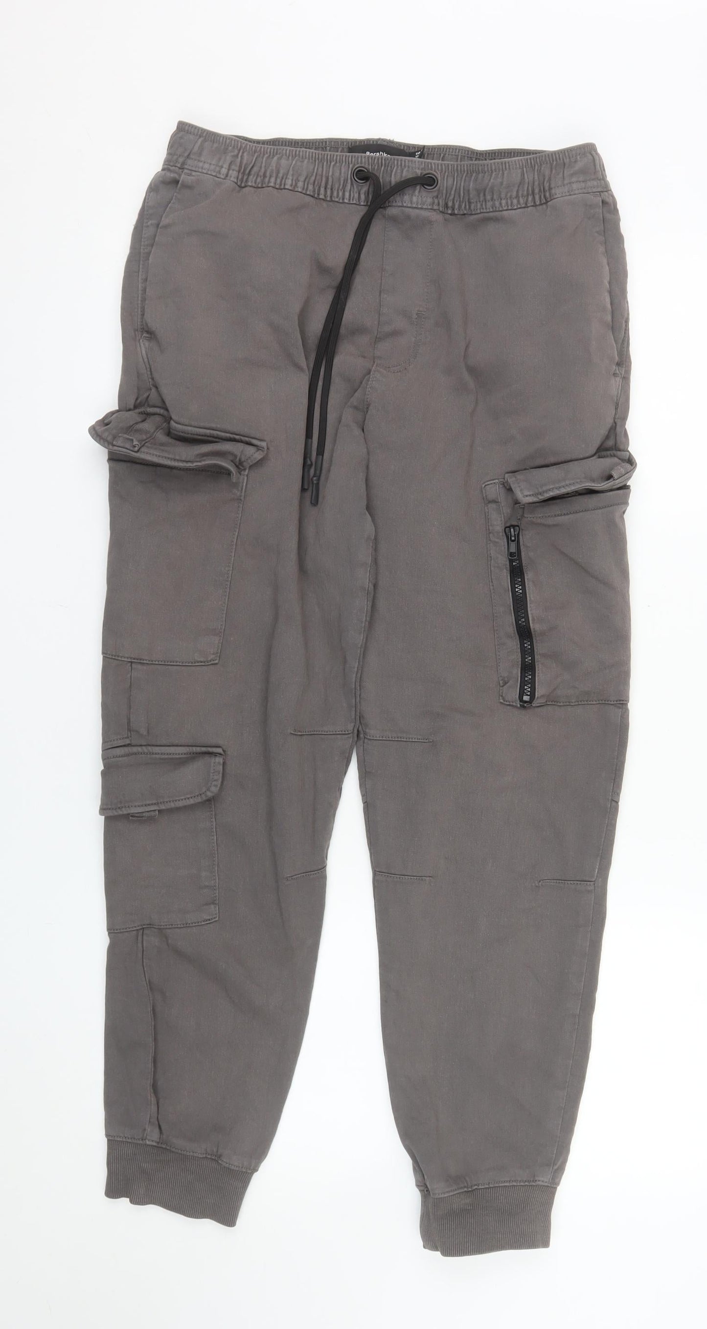 Bershka Men’s Grey Cargo Jogger Trousers Size M Elastic Waist
