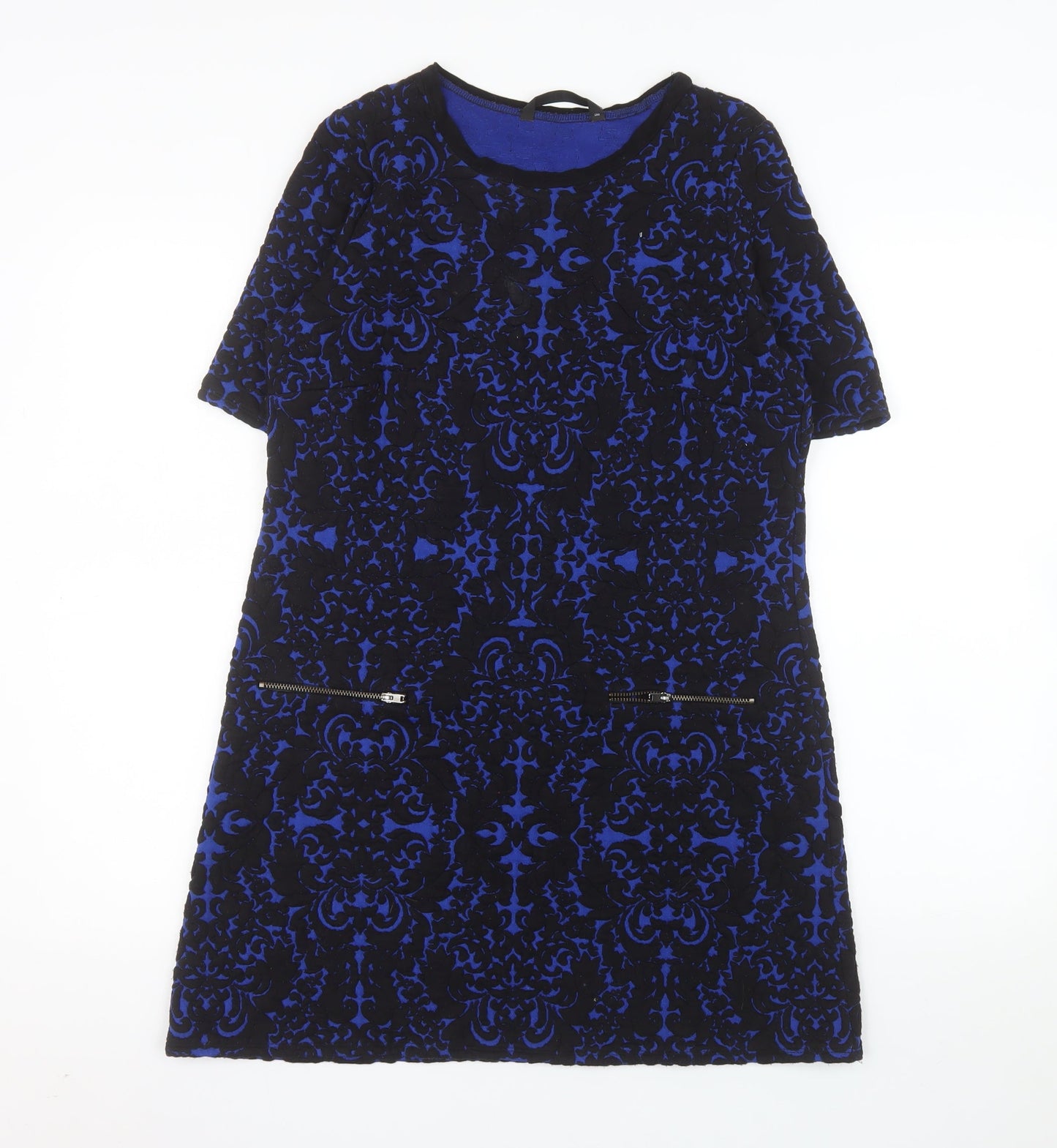Dunnes Women Blue Black Shift Dress Size 12 Short Sleeve Zip Detail
