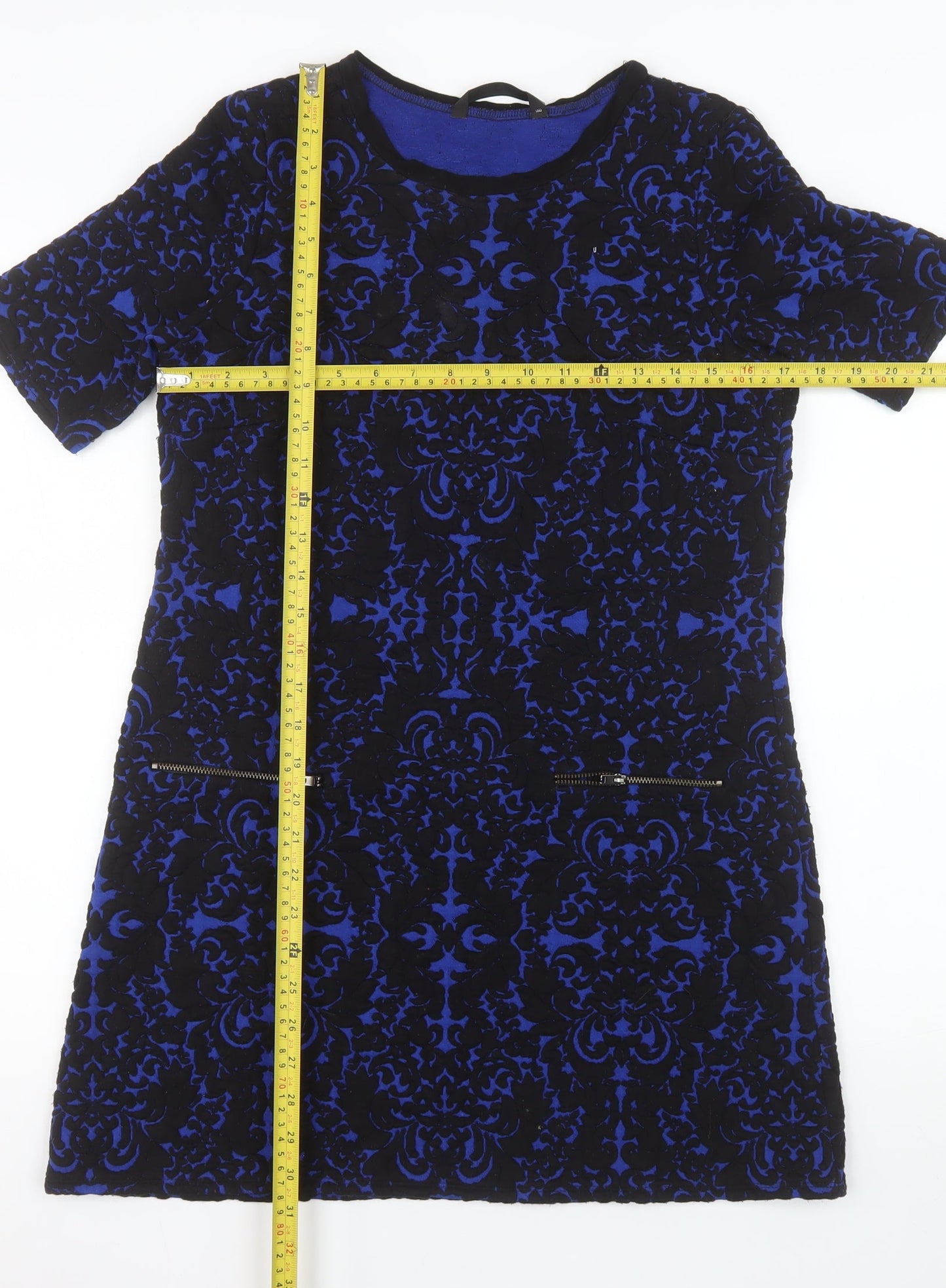 Dunnes Women Blue Black Shift Dress Size 12 Short Sleeve Zip Detail