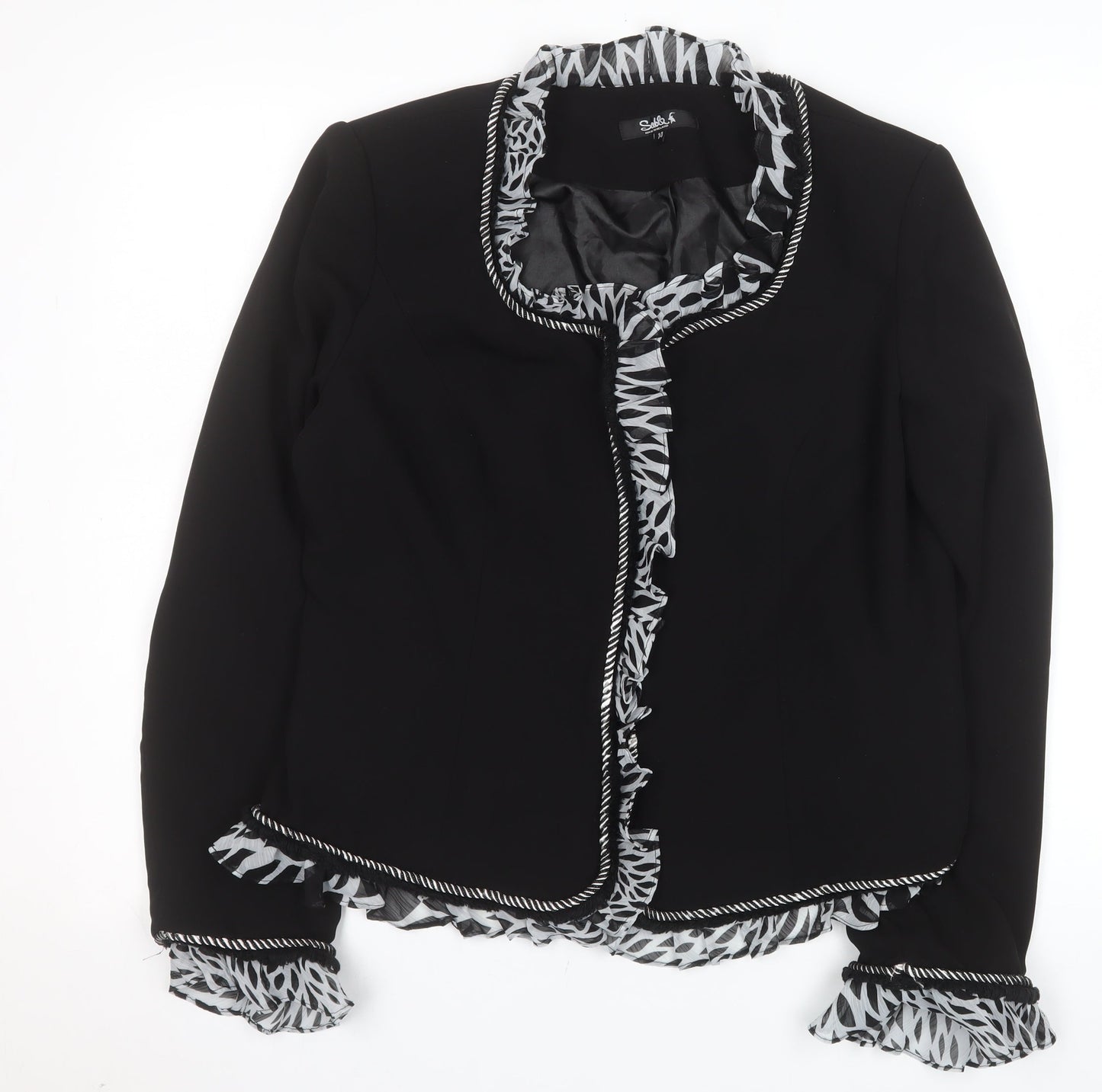 Sable Women Black Size 14 Ruffle Trim Blazer Jacket Elegant Workwear