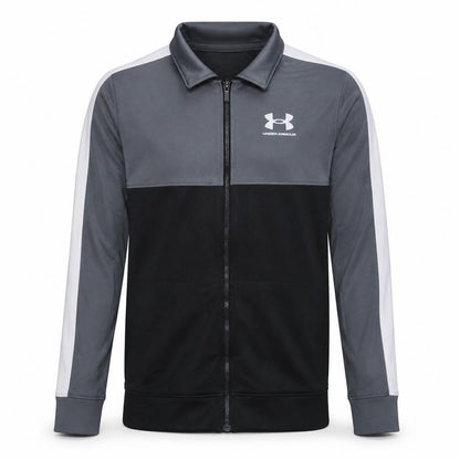 Front view of Under Armour boys’ grey black track jacket ylg 13 years full zip polyester