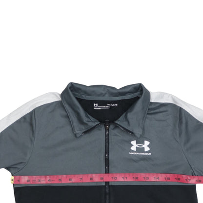 Back view of Under Armour boys’ grey black track jacket ylg 13 years full zip polyester