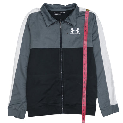 Close-up detail of Under Armour boys’ grey black track jacket ylg 13 years full zip polyester
