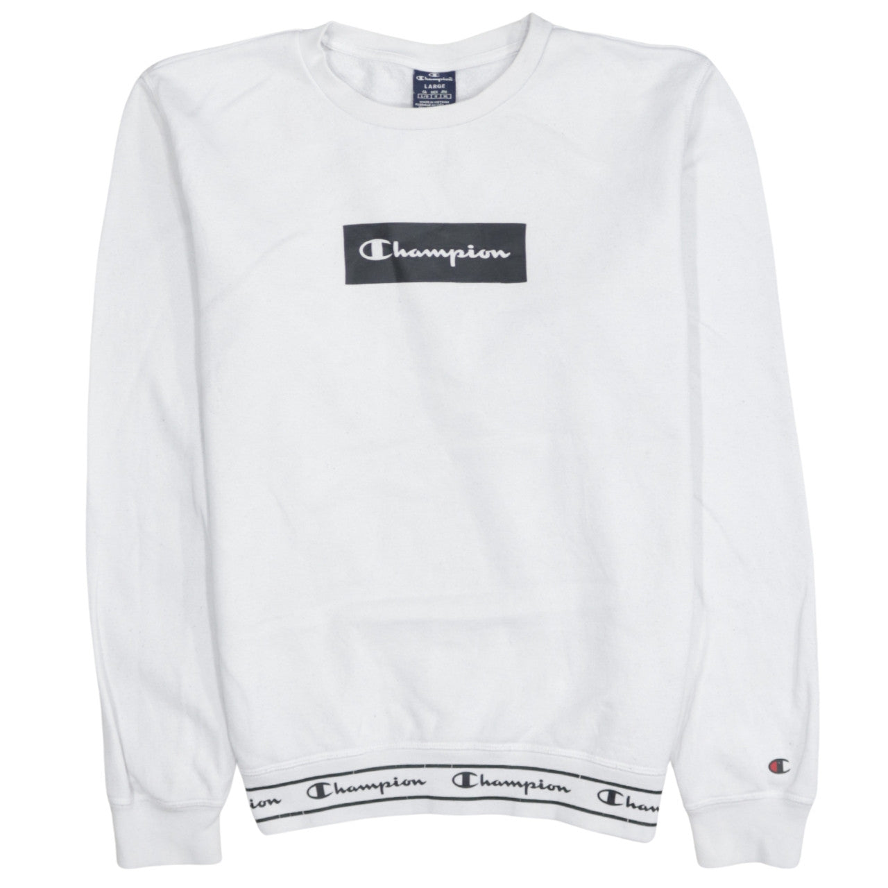 Champion Mens White Crew Neck Sweatshirt Large Cotton Blend Logo Style
