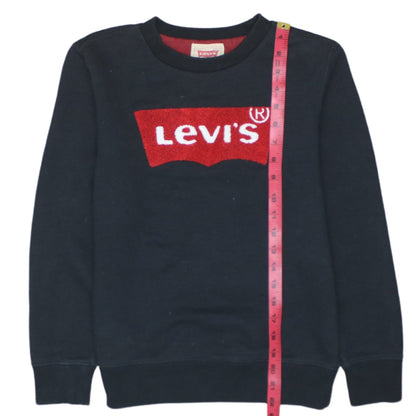 Back view of Levi's boys’ black logo crew neck pullover sweatshirt, size 12, years
