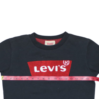 Close-up detail of Levi's boys’ black logo crew neck pullover sweatshirt, size 12, years