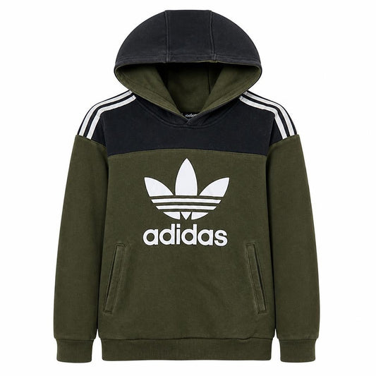 Adidas Boys Green Colourblock Pullover Hoodie 13-14 Years Hooded Sweatshirt