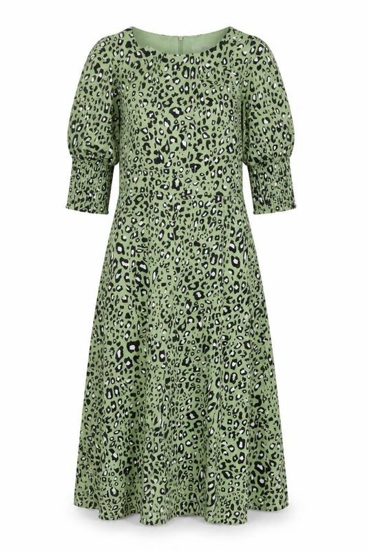 Marc Angelo Womens Green Leopard Print Midi A-Line Dress Size 8