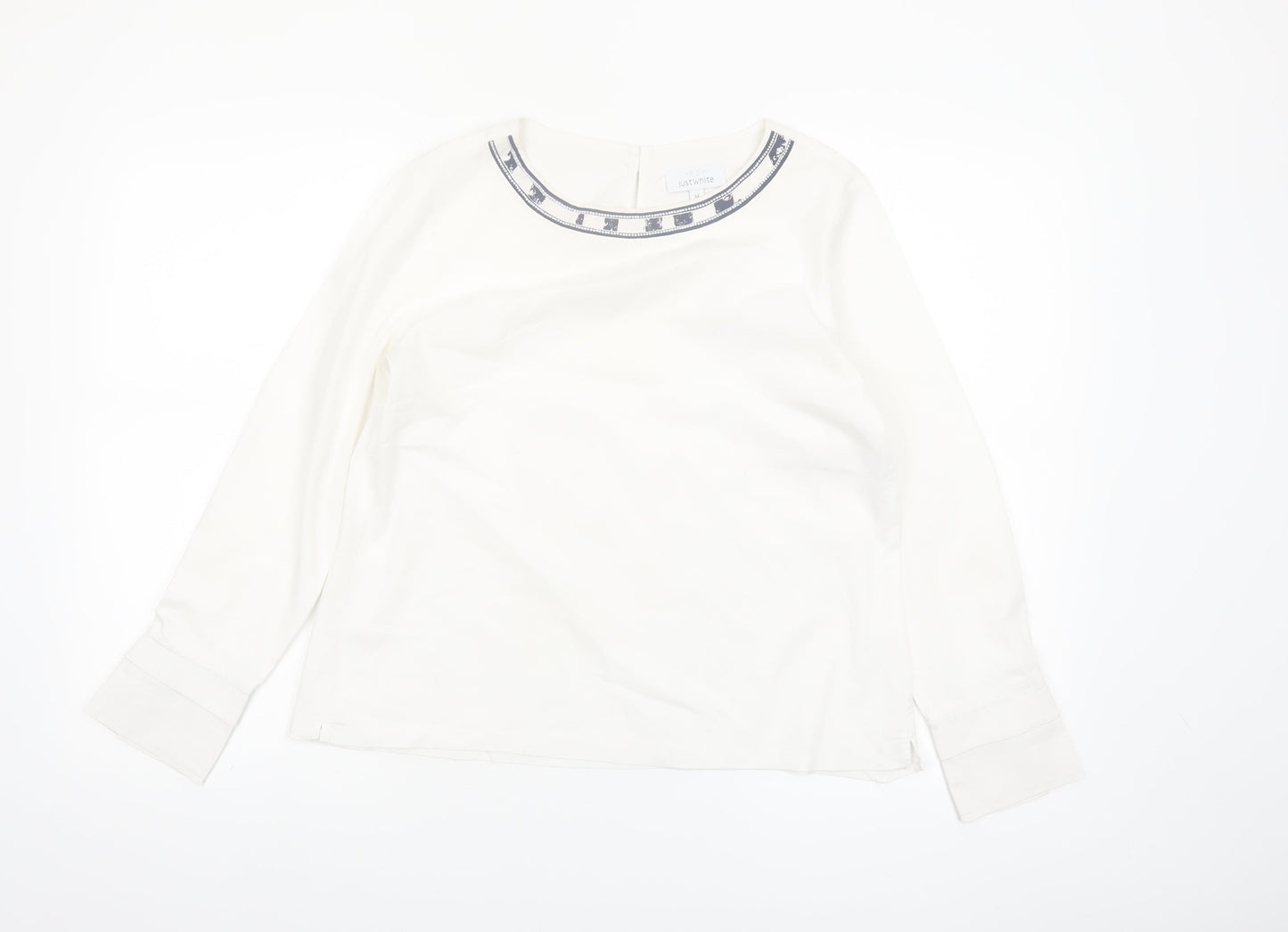 Just White Womens White Long Sleeve Blouse Size 8 Beaded Neckline