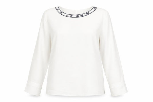 Just White Womens White Long Sleeve Blouse Size 8 Beaded Neckline