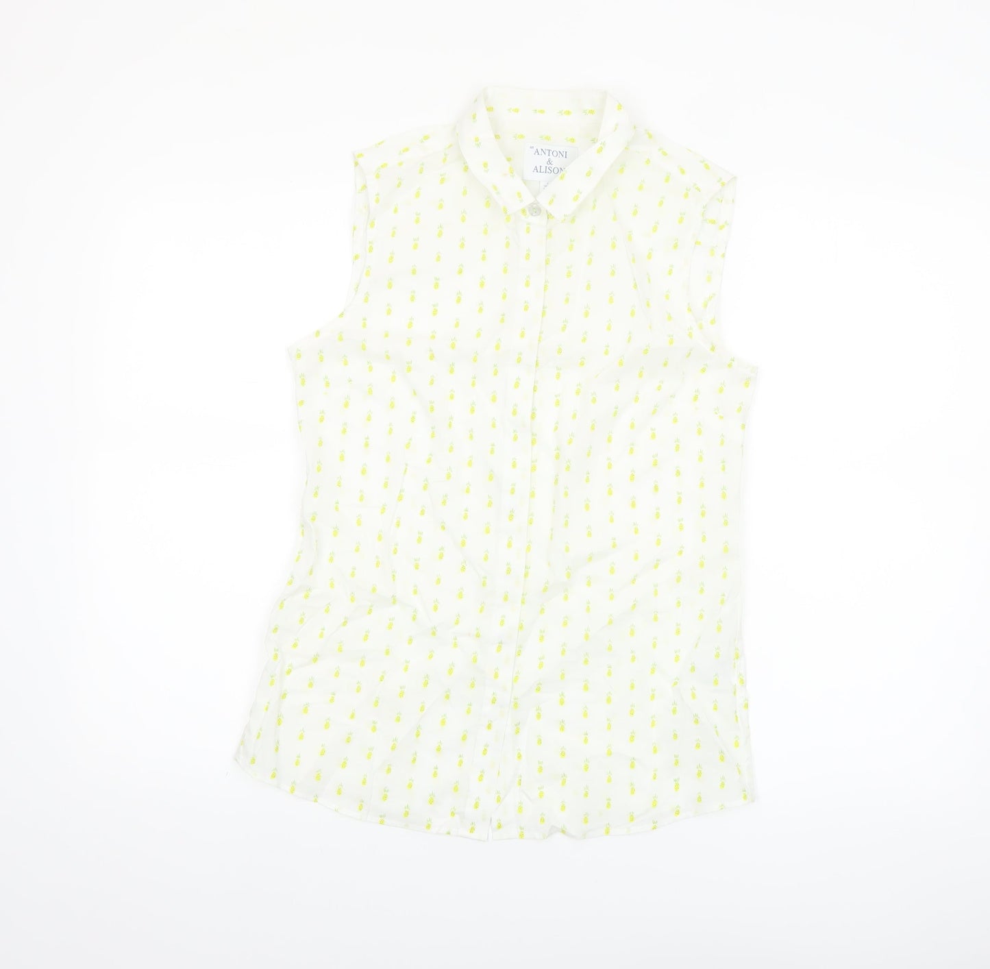 Antoni & Alison Women's White Pineapple Print Sleeveless Cotton Blouse Size 10