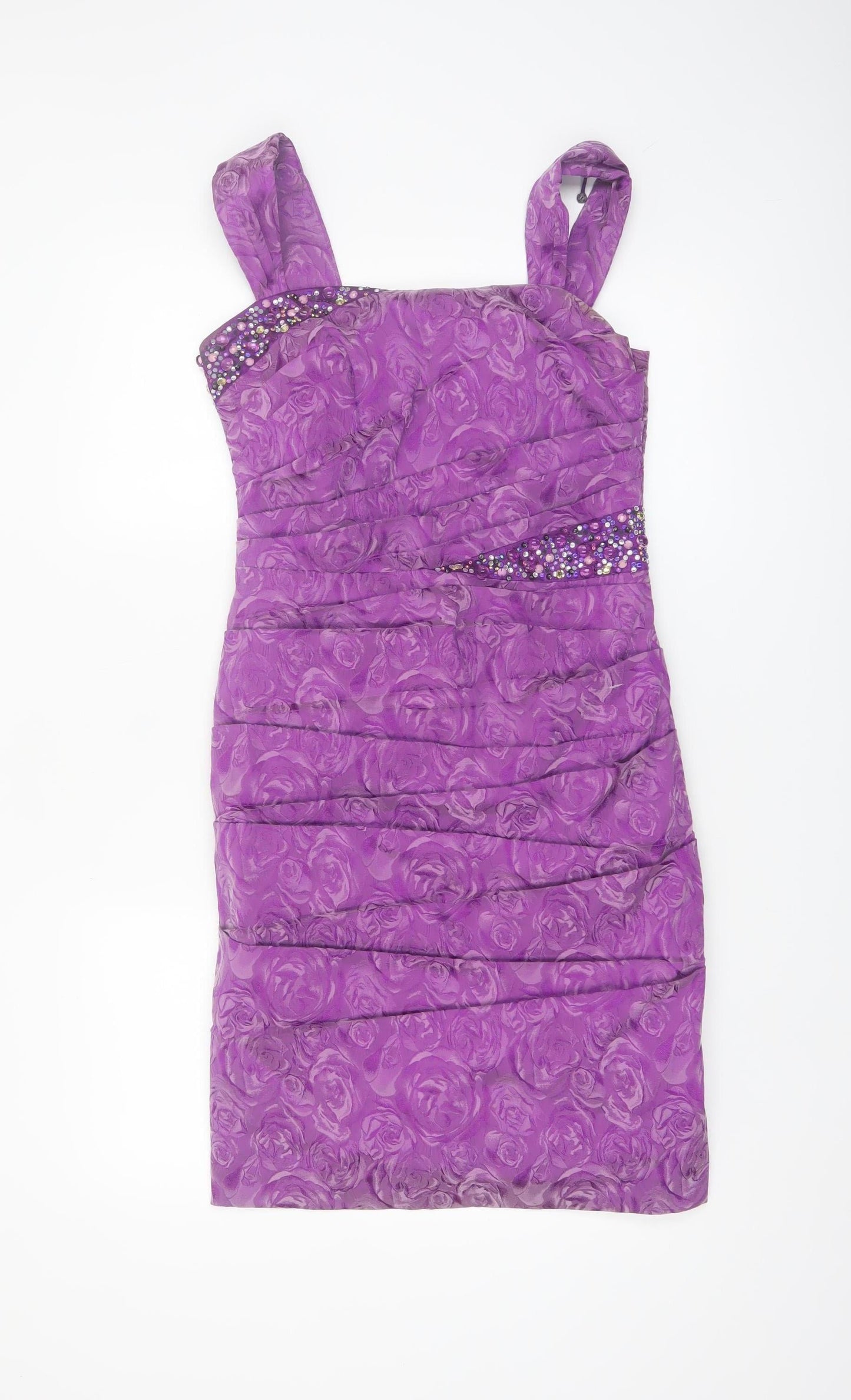 Libra Women’s Purple Floral Ruched Beaded Bodycon Dress Size 10
