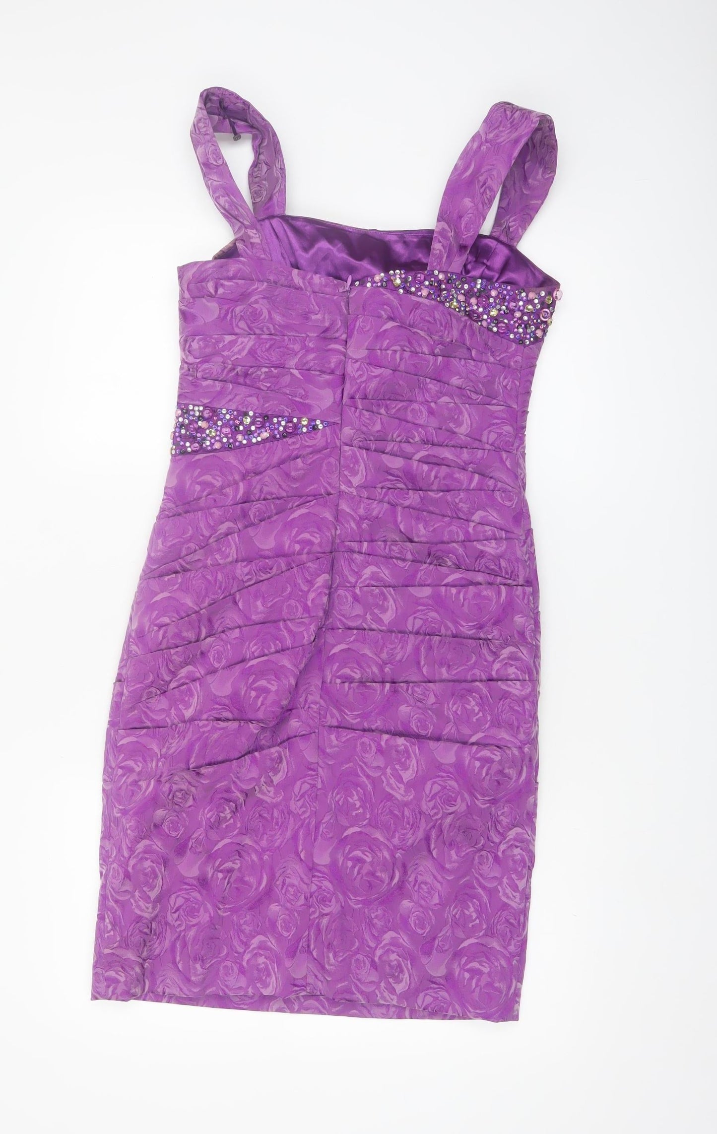 Libra Women’s Purple Floral Ruched Beaded Bodycon Dress Size 10