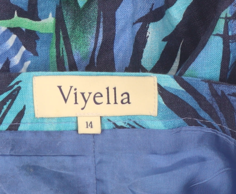Viyella Women Blue Linen A-Line Midi Skirt Size 14 Tropical Print