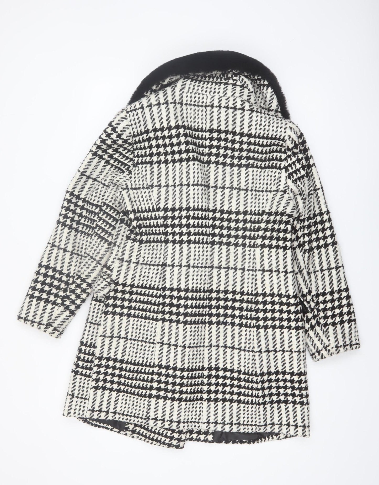 Savida Women's Black & White Houndstooth Faux Fur Collar Pea Coat Size 10