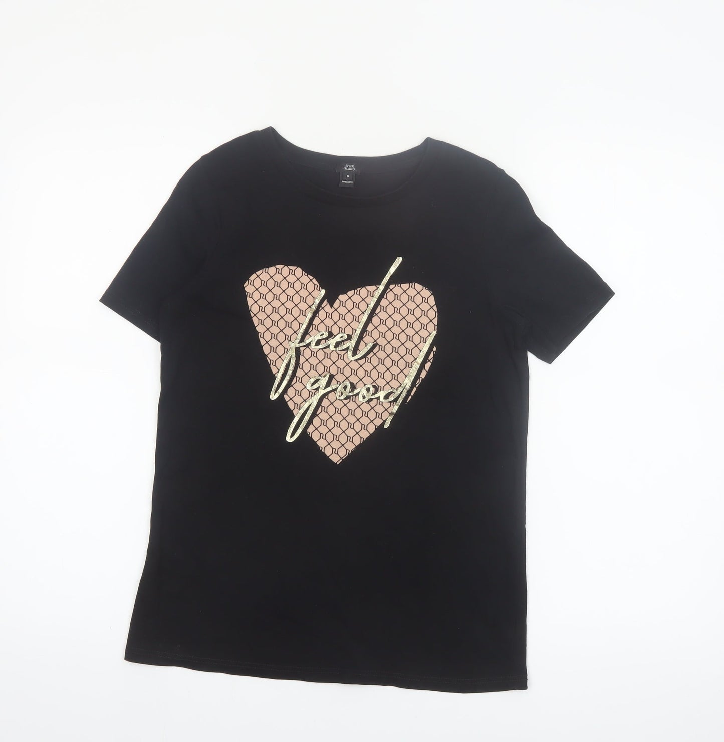 River Island Womens Black Feel Good Heart Graphic Cotton T-Shirt Size S