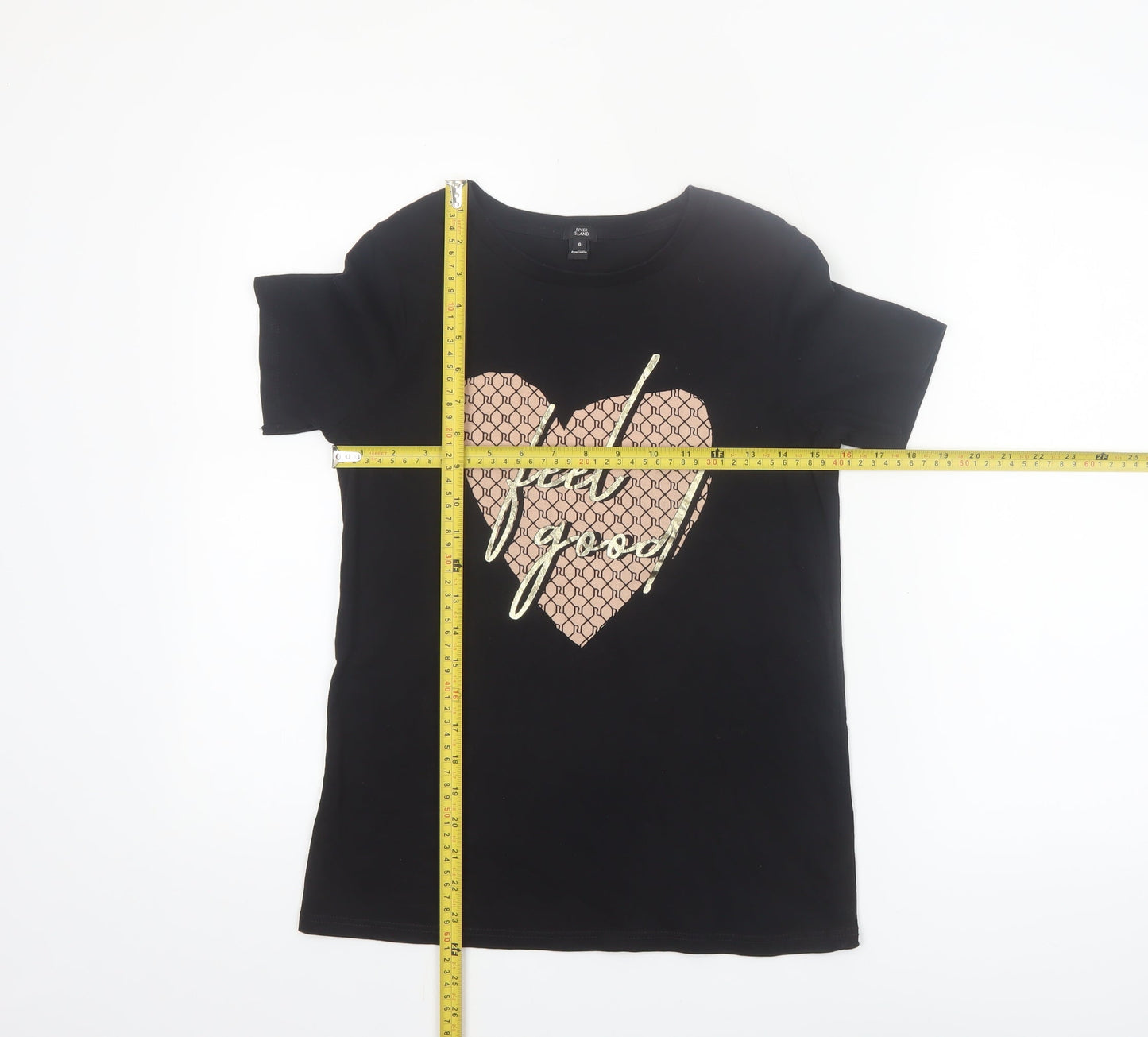 River Island Womens Black Feel Good Heart Graphic Cotton T-Shirt Size S
