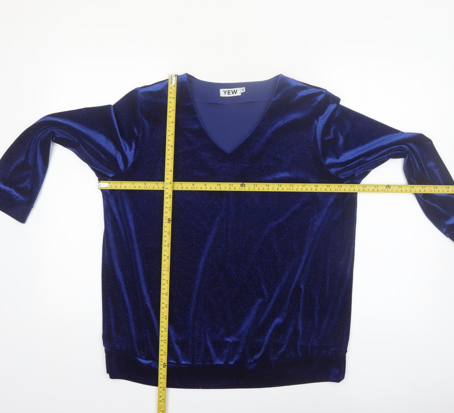 YEW Women's Blue Velvet Long Sleeve V-Neck Blouse Size L