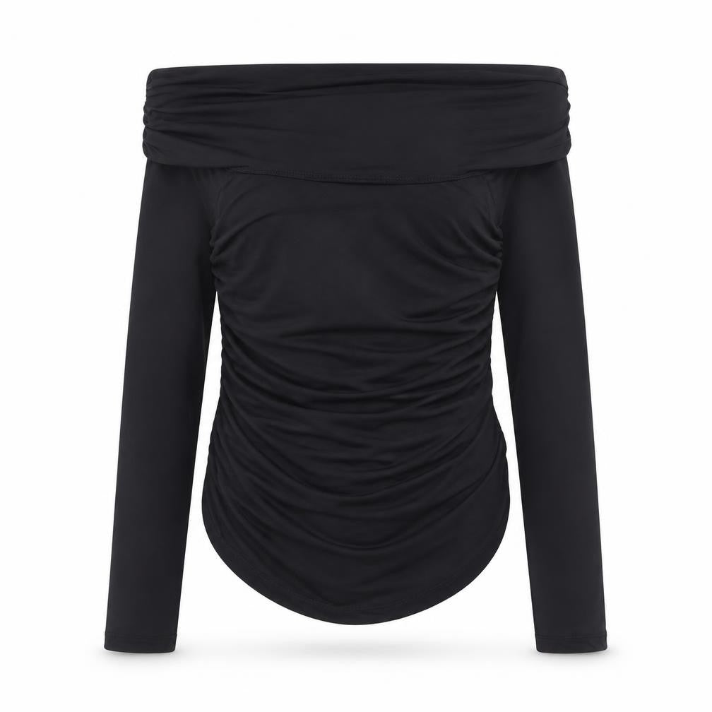 Savida Women's Black Off Shoulder Ruched Long Sleeve Blouse Size 12