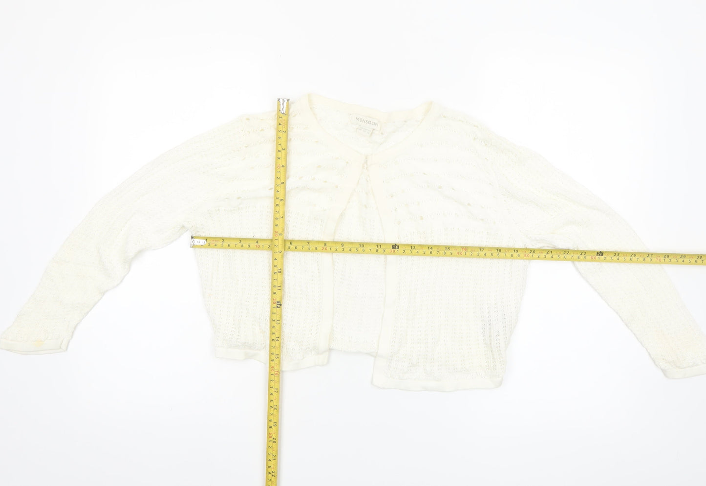 Monsoon Women’s Ivory Knit Cardigan UK 14 Crew Neck Open Knit