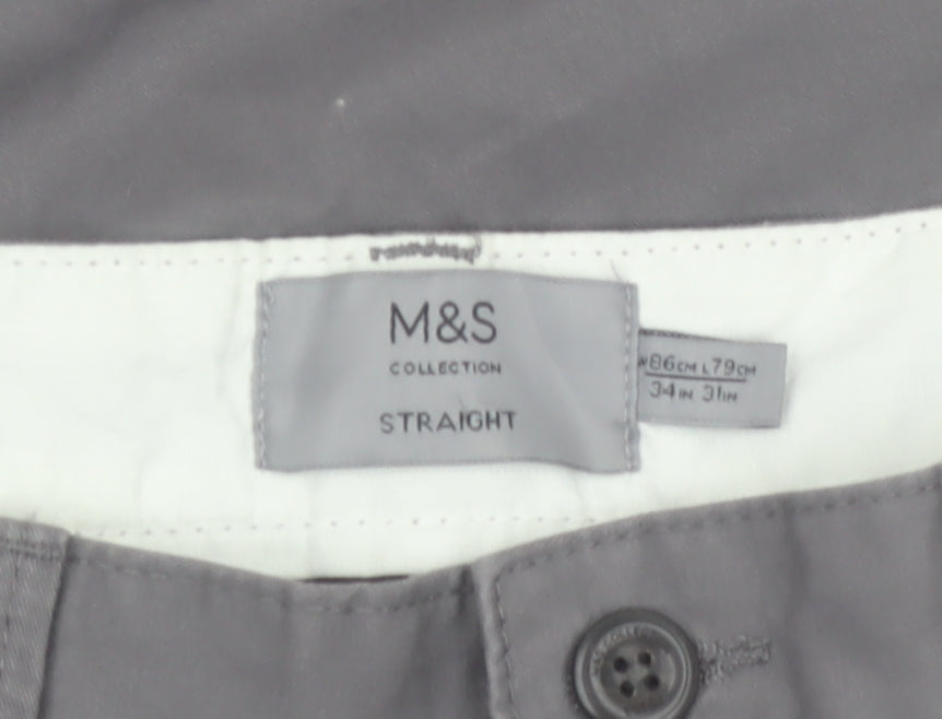 Marks and Spencer Men's Grey Straight Chino Trousers 34W 31L
