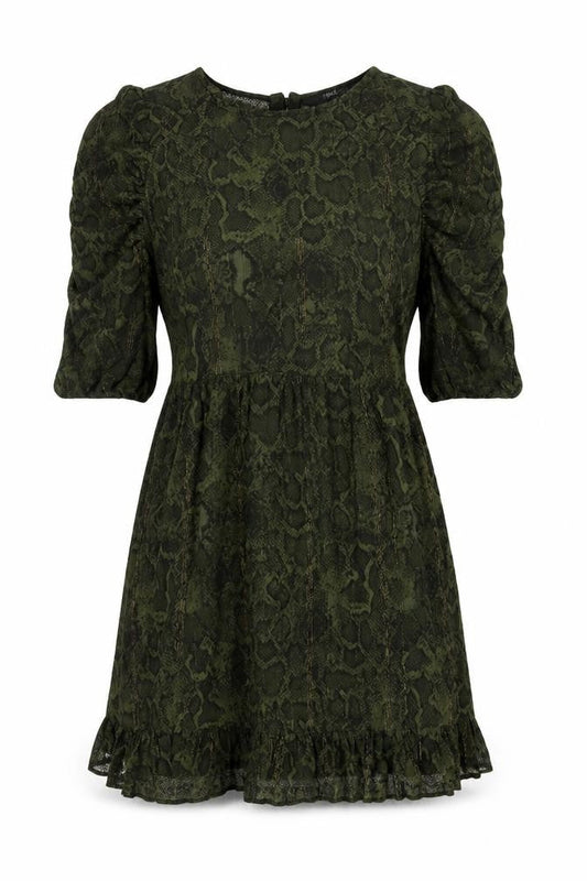 Next Women Green Animal Print A-Line Puff Sleeve Knee Length Dress Size 12