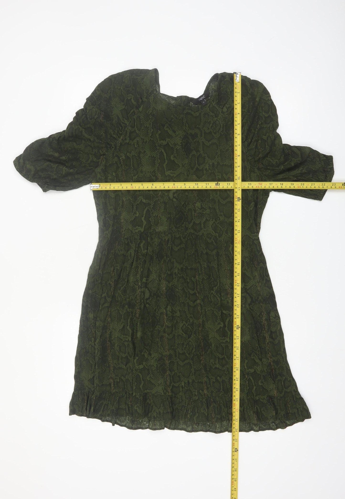 Next Women Green Animal Print A-Line Puff Sleeve Knee Length Dress Size 12