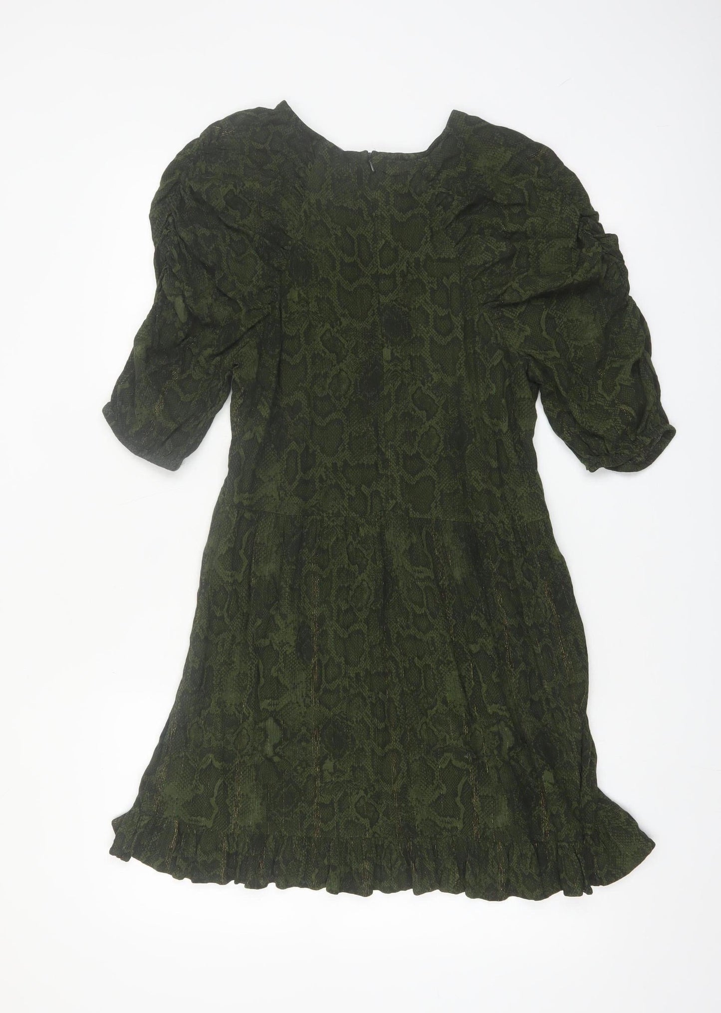 Next Women Green Animal Print A-Line Puff Sleeve Knee Length Dress Size 12