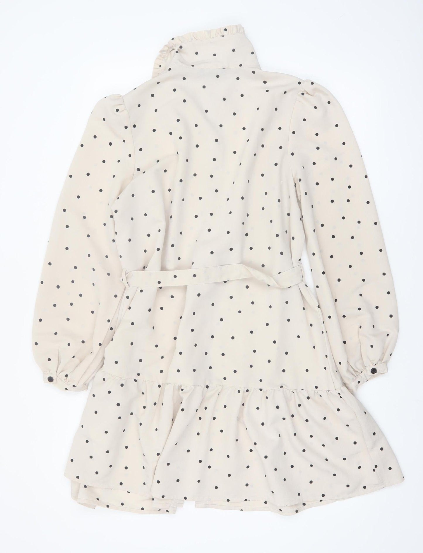 New Look Women Beige Polka Dot Shirt Dress Size 12 Long Sleeve Belted
