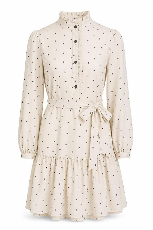 New Look Women Beige Polka Dot Shirt Dress Size 12 Long Sleeve Belted