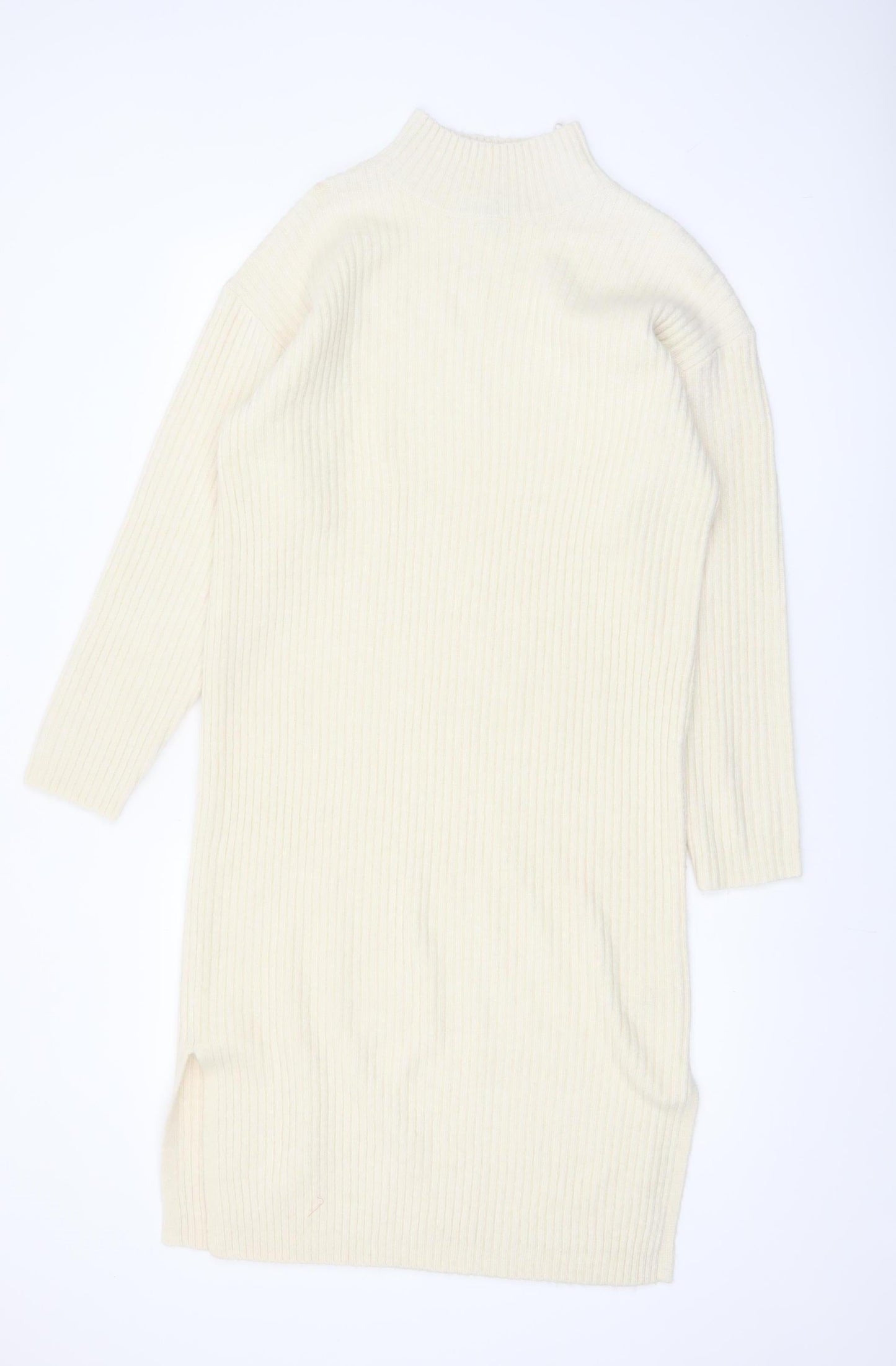New Look Women Ivory Knit Jumper Dress M High Neck Long Sleeve
