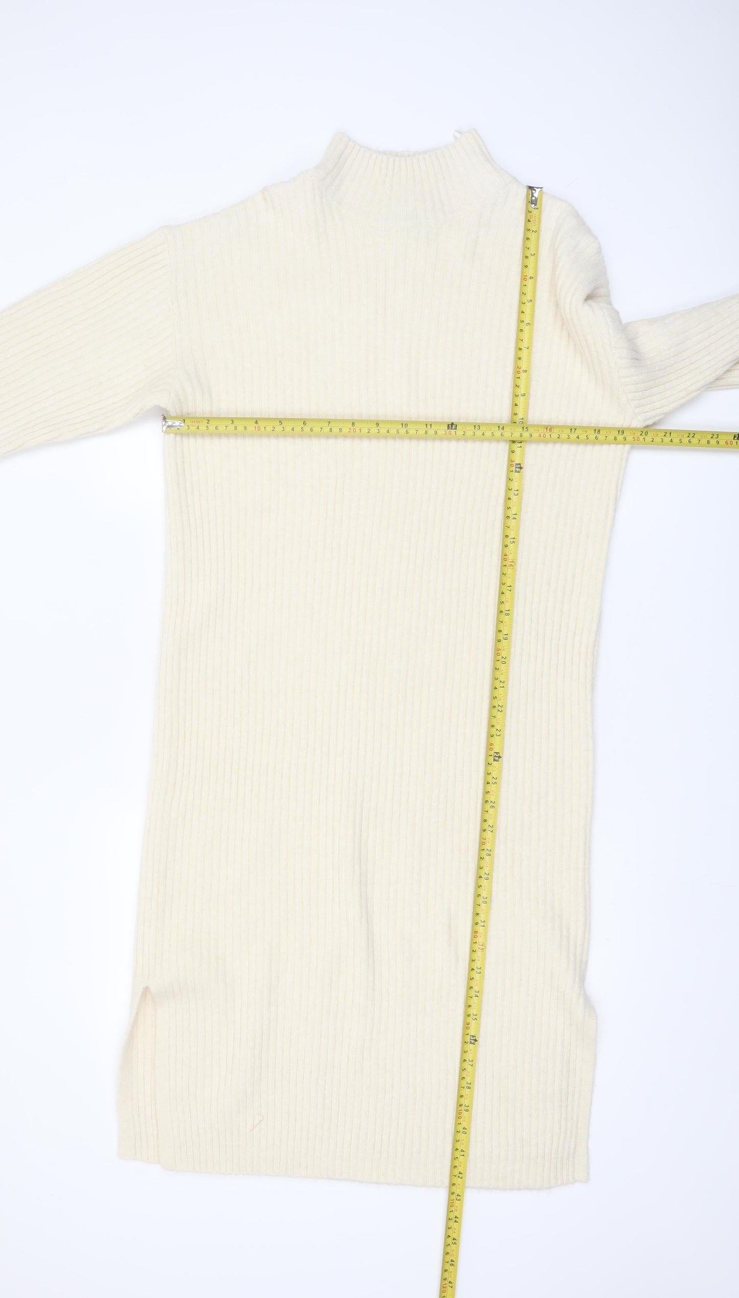 New Look Women Ivory Knit Jumper Dress M High Neck Long Sleeve