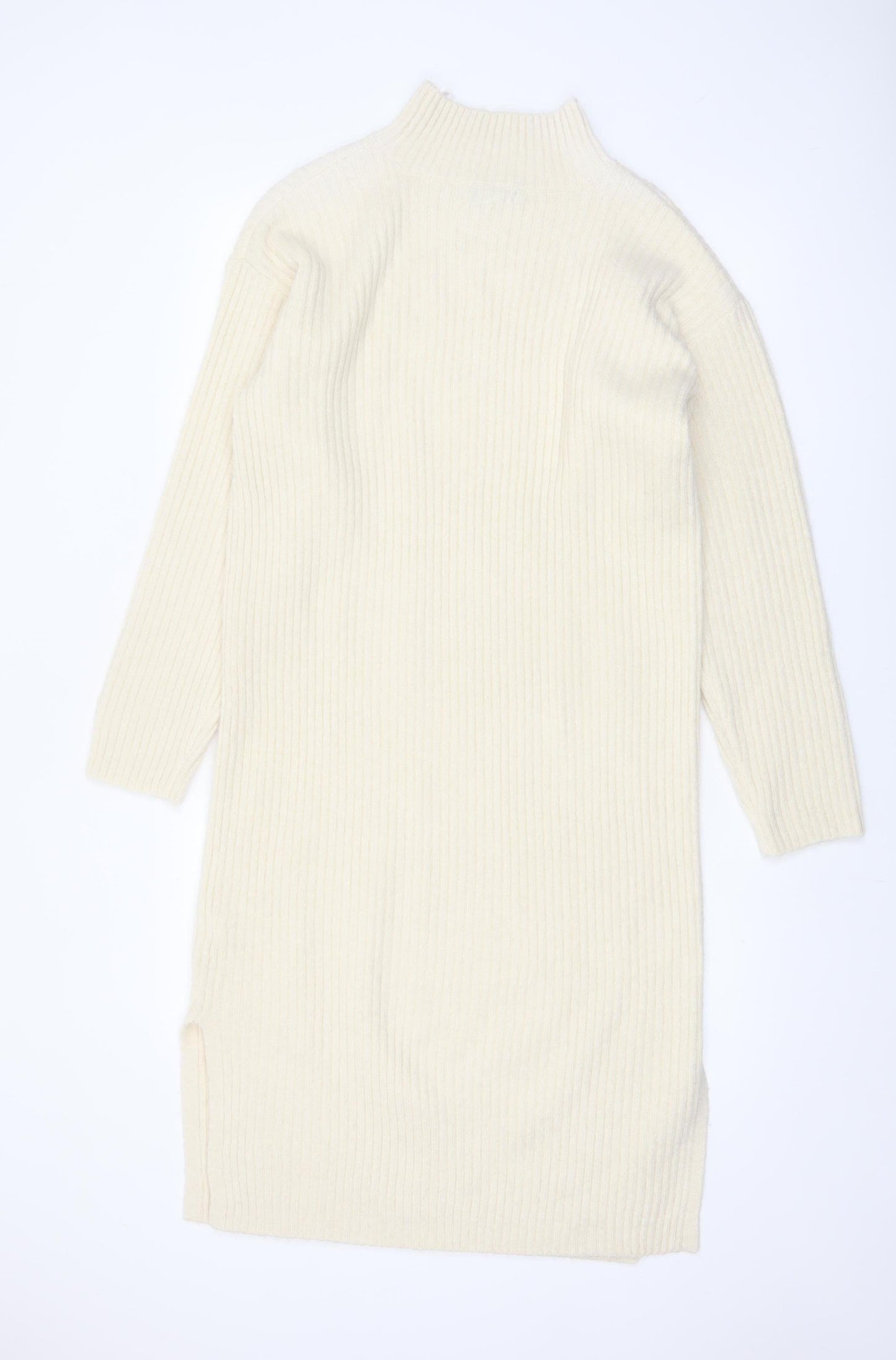 New Look Women Ivory Knit Jumper Dress M High Neck Long Sleeve