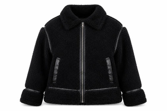 Front view of Papaya Women’s Black Faux Shearling Bomber Jacket, size UK 12