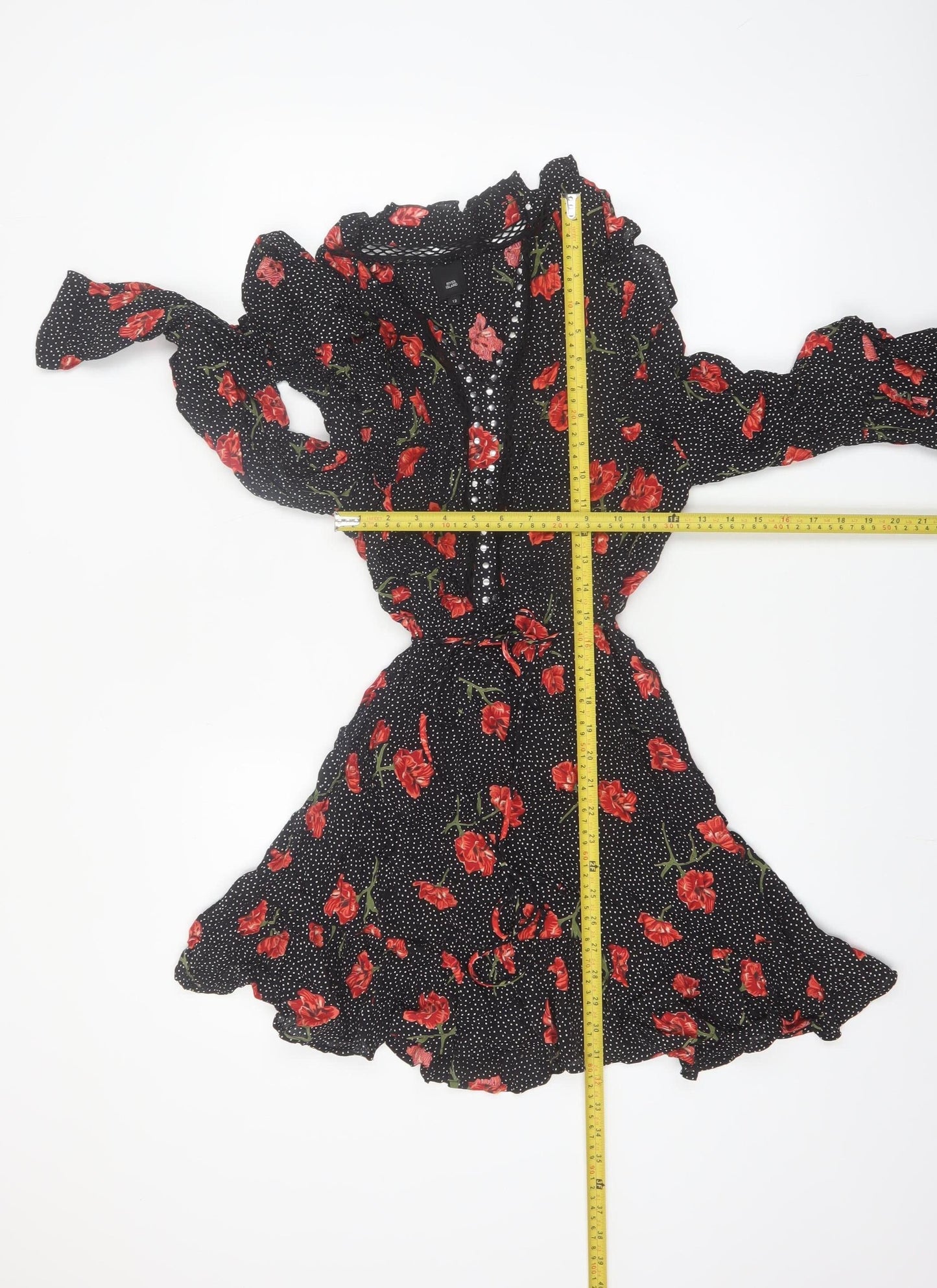 River Island Women Black Floral Polka Dot Fit & Flare Dress Size 12