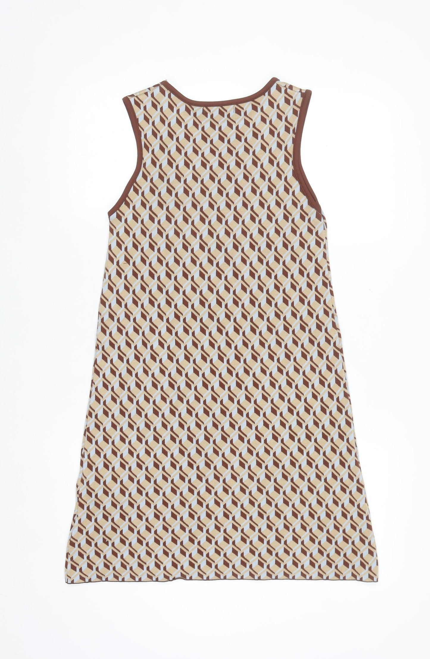 Primark Women’s Brown Geometric Shift Dress Size 10-12 Sleeveless Knit Retro