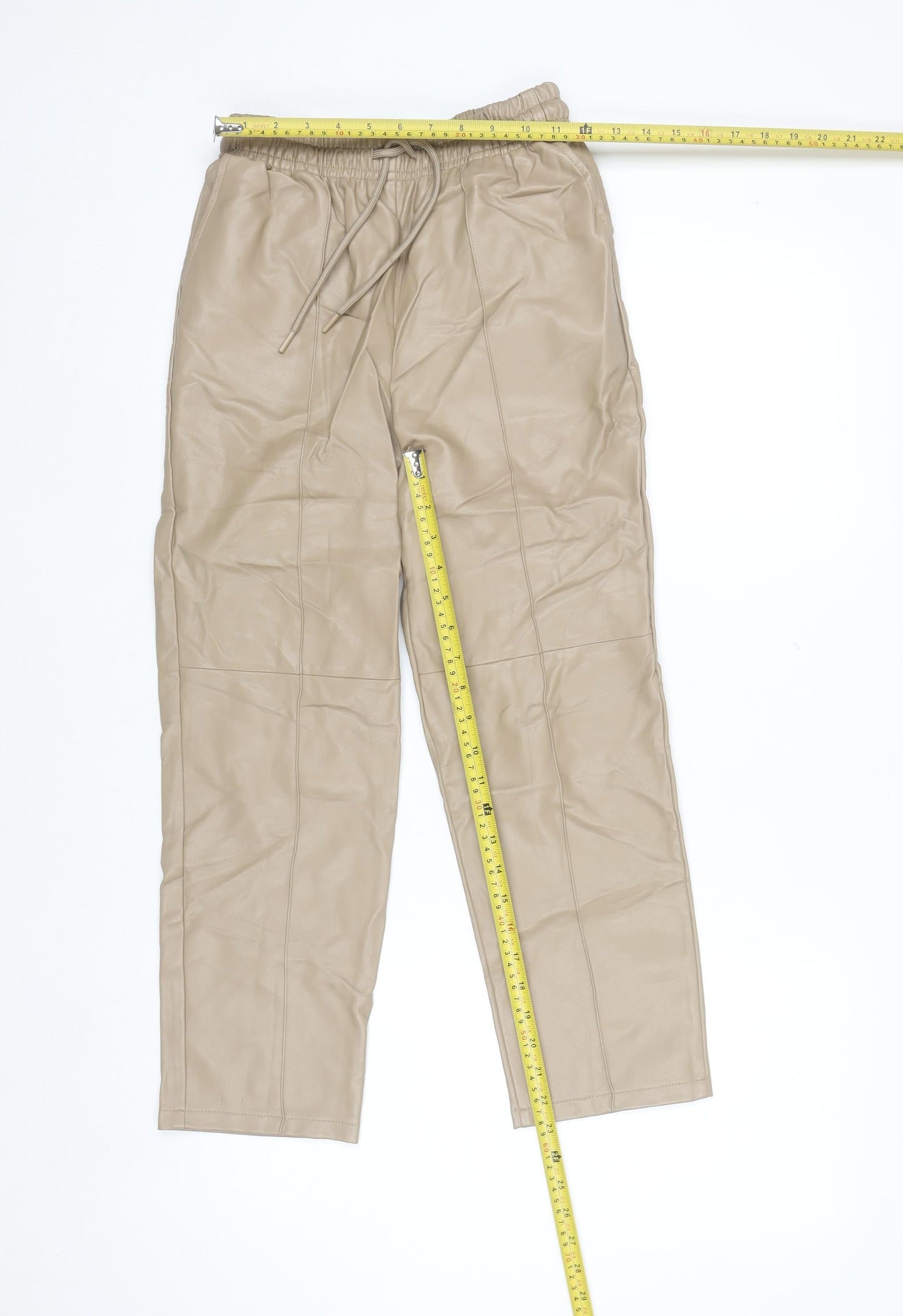 Primark Women Beige Faux Leather Jogger Trousers Size 4
